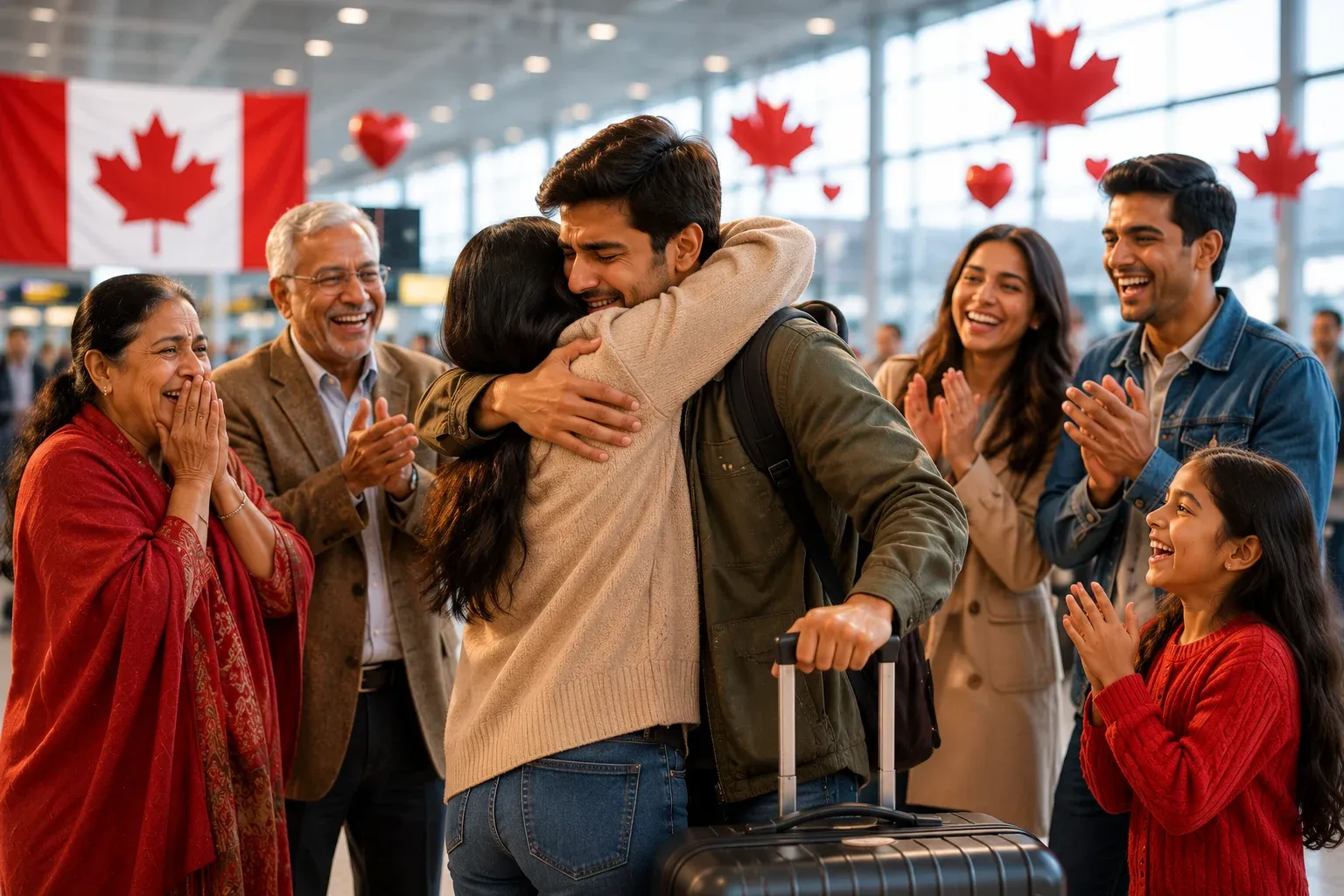 Reunited couple embracing at the airport in Canada