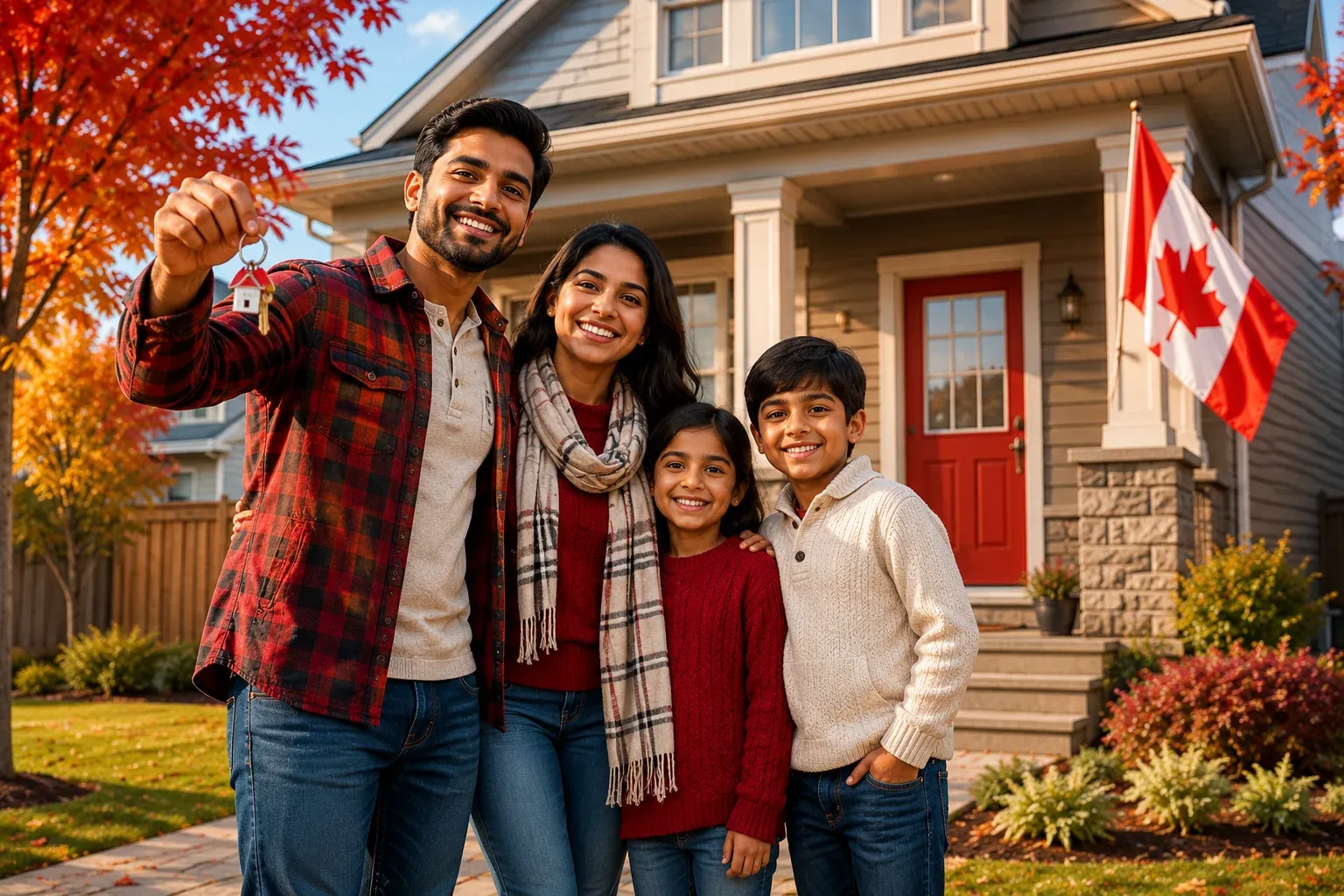 Happy family celebrating in front of their new Canadian home