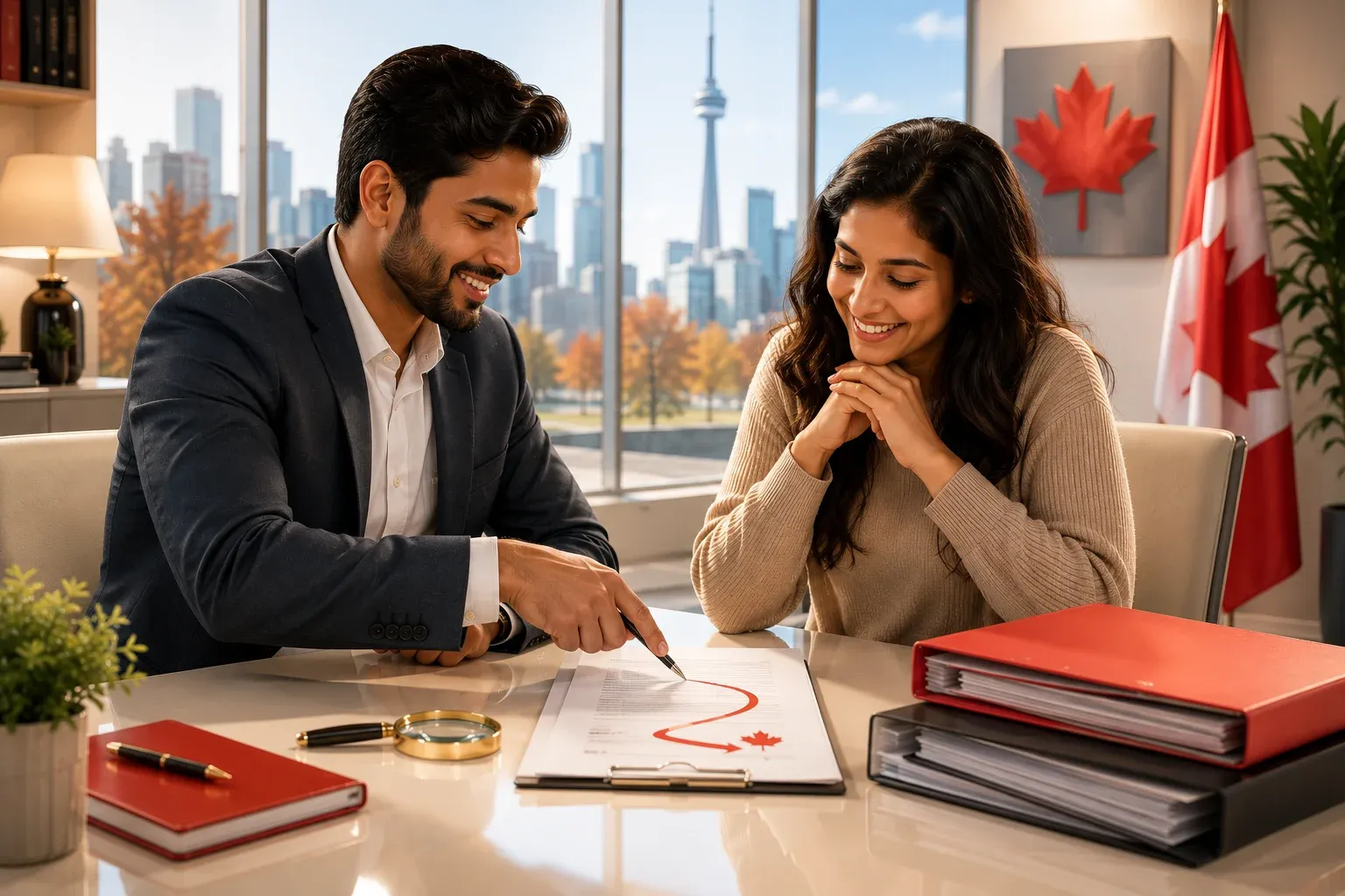 Advisor and client reviewing documents together with a hopeful outlook