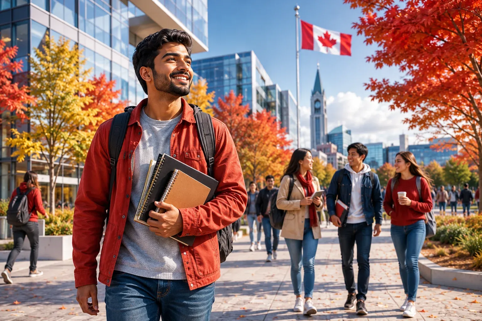 Smiling international student on a modern Canadian campus holding books
