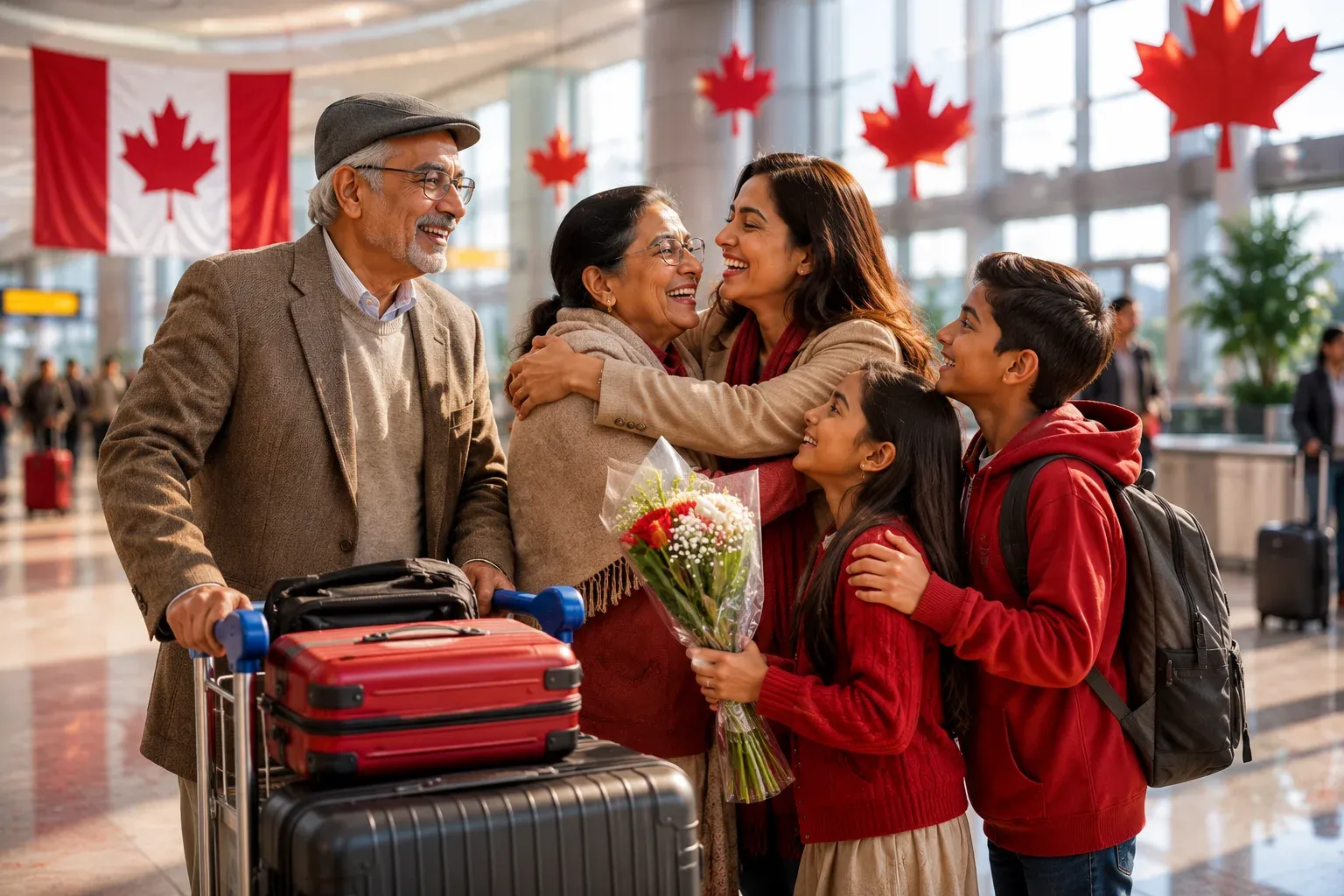 Joyful family welcoming visiting relatives at a Canadian airport